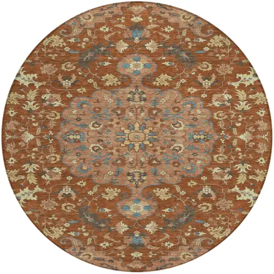 Orange And Copper Round Floral Medallion Washable Indoor Outdoor Area Rug Photo 1