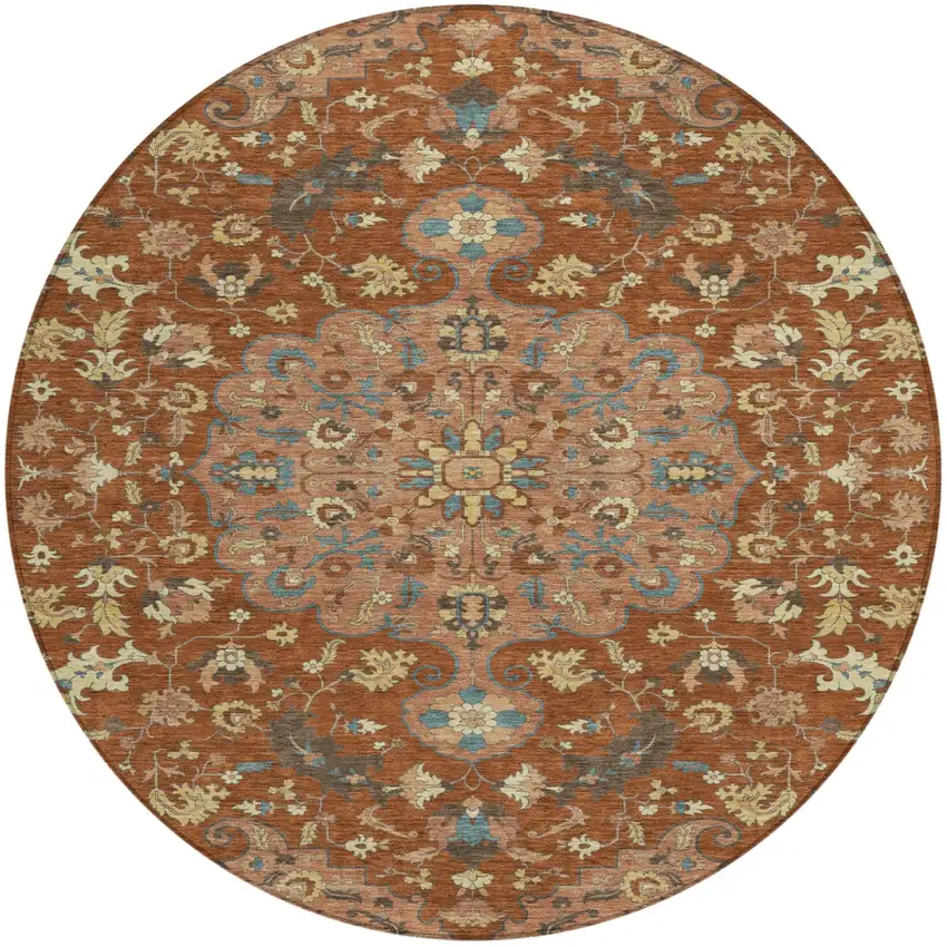 Orange And Copper Round Floral Medallion Washable Indoor Outdoor Area Rug Photo 1