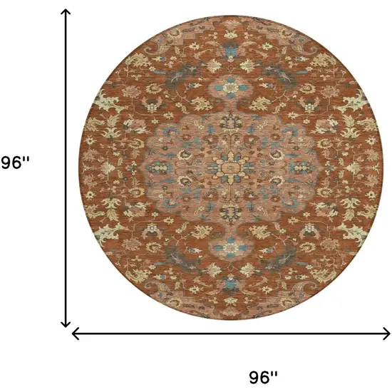 Orange And Copper Round Floral Medallion Washable Indoor Outdoor Area Rug Photo 6
