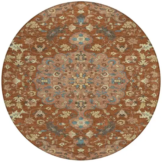 Orange And Copper Round Floral Medallion Washable Indoor Outdoor Area Rug Photo 2