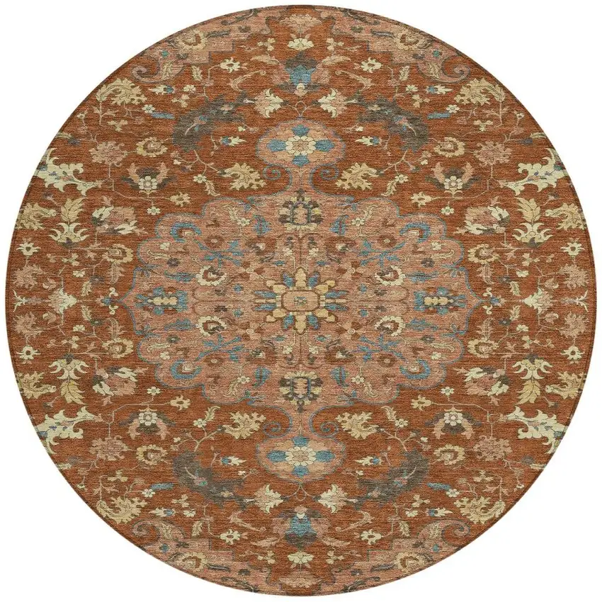 Orange And Copper Round Floral Medallion Washable Indoor Outdoor Area Rug Photo 2