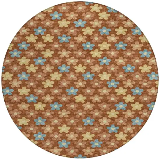 Orange And Copper Round Floral Washable Indoor Outdoor Area Rug Photo 3