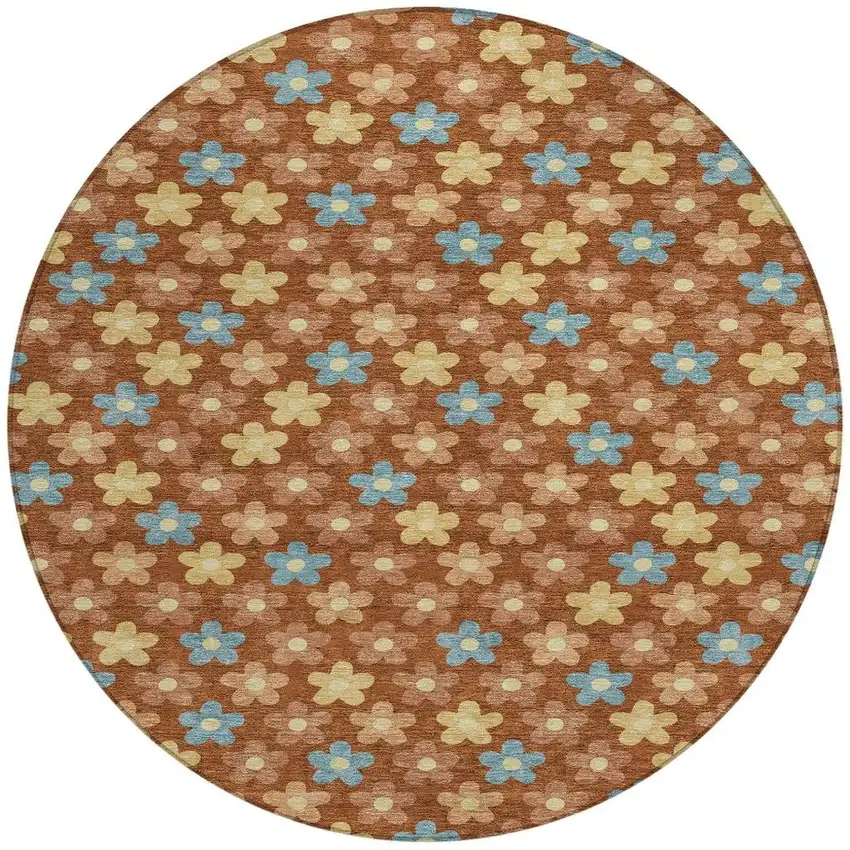 Orange And Copper Round Floral Washable Indoor Outdoor Area Rug Photo 3