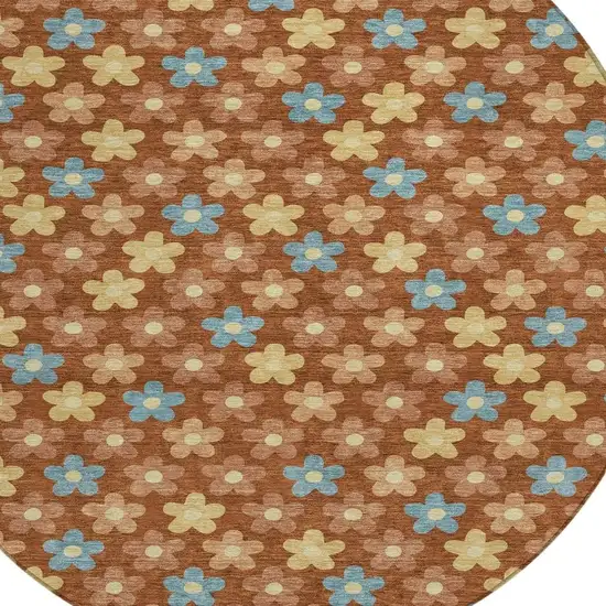 Orange And Copper Round Floral Washable Indoor Outdoor Area Rug Photo 2