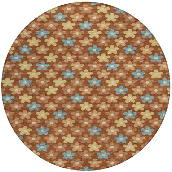 Orange And Copper Round Floral Washable Indoor Outdoor Area Rug Photo 1