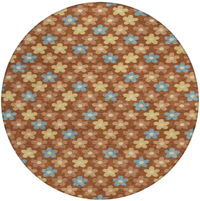 Orange And Copper Round Floral Washable Indoor Outdoor Area Rug Photo 1