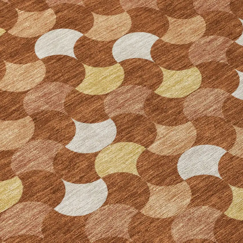 Orange And Copper Round Geometric Washable Indoor Outdoor Area Rug Photo 5