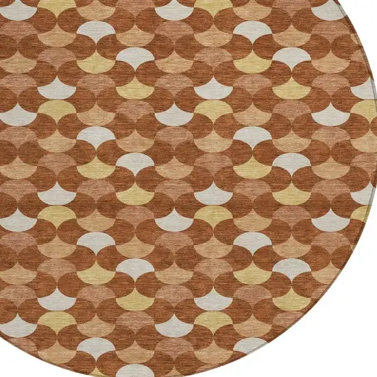 Orange And Copper Round Geometric Washable Indoor Outdoor Area Rug Photo 2