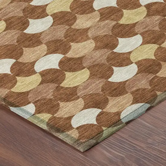 Orange And Copper Round Geometric Washable Indoor Outdoor Area Rug Photo 4