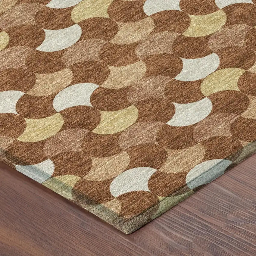 Orange And Copper Round Geometric Washable Indoor Outdoor Area Rug Photo 4