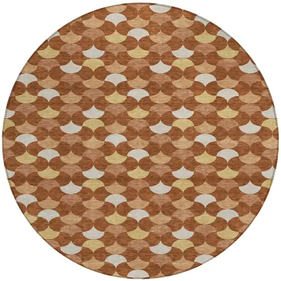 Orange And Copper Round Geometric Washable Indoor Outdoor Area Rug Photo 1