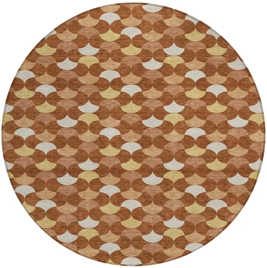 Orange And Copper Round Geometric Washable Indoor Outdoor Area Rug Photo 1