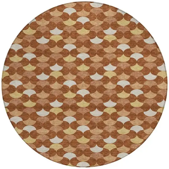 Orange And Copper Round Geometric Washable Indoor Outdoor Area Rug Photo 3