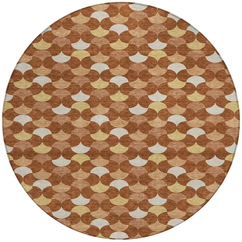 Orange And Copper Round Geometric Washable Indoor Outdoor Area Rug Photo 3