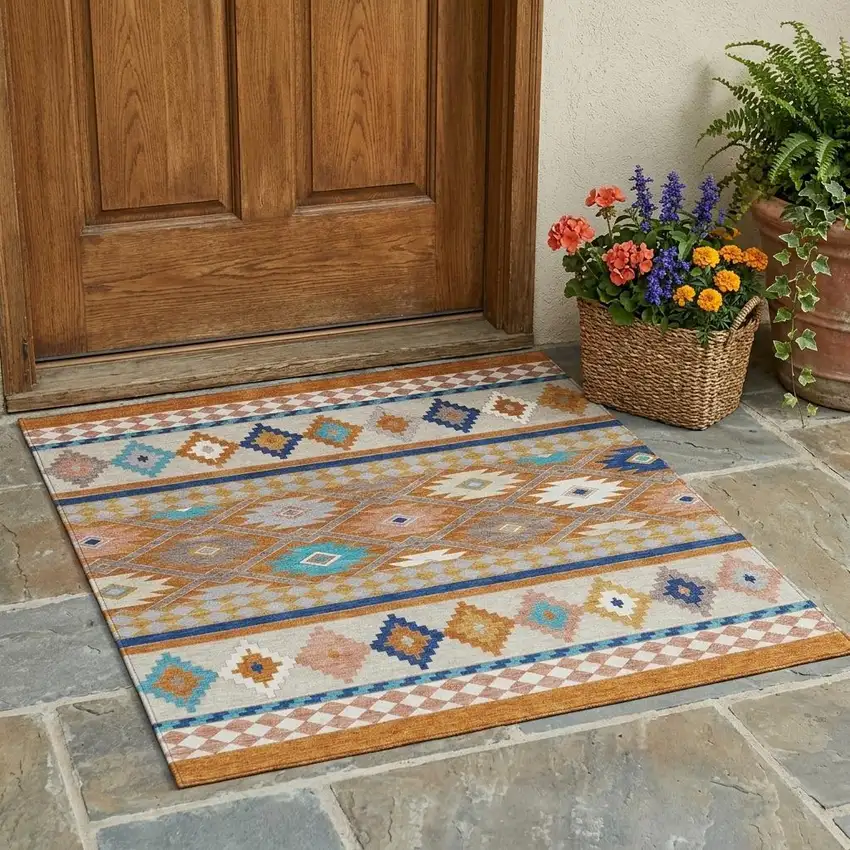 Orange And Copper Southwestern Washable Indoor Outdoor Area Rug Photo 1