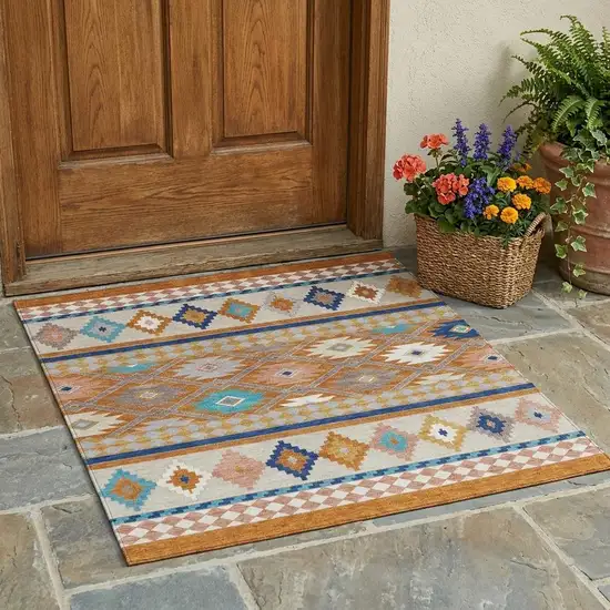 Orange And Copper Southwestern Washable Indoor Outdoor Area Rug Photo 1
