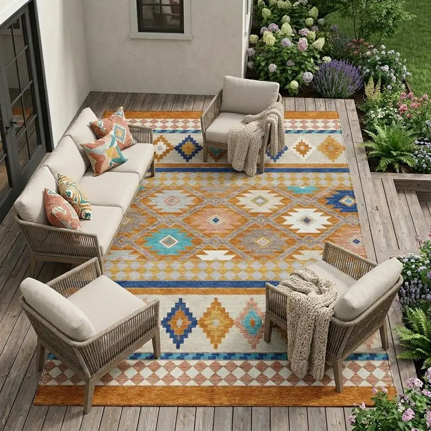 Orange And Copper Southwestern Washable Indoor Outdoor Area Rug Photo 1