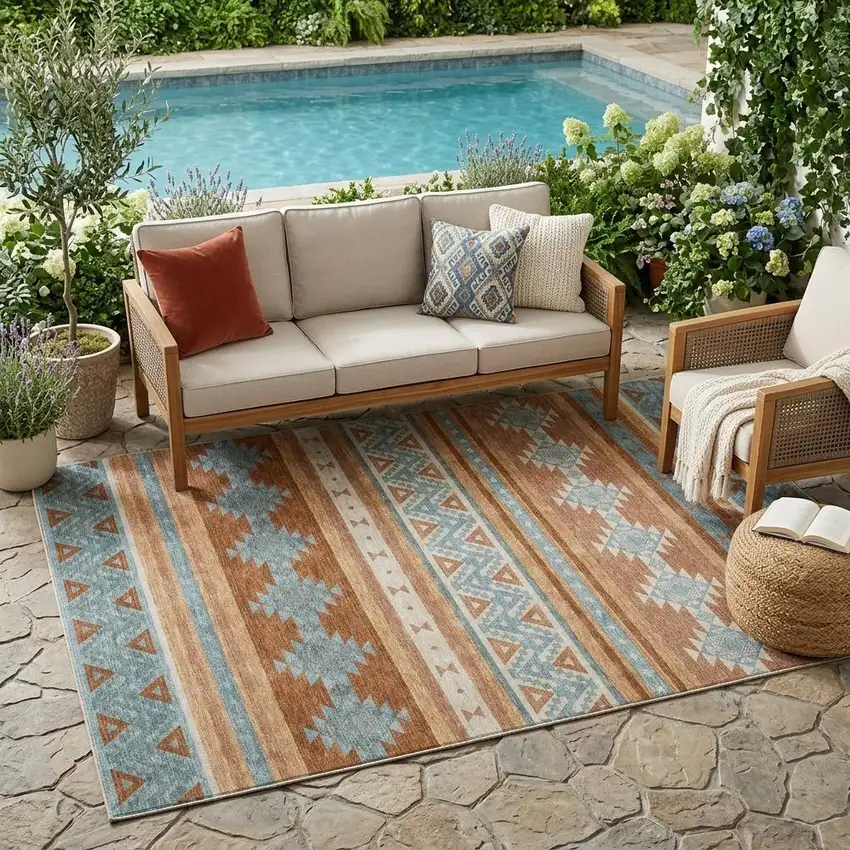 Orange And Copper Southwestern Washable Indoor Outdoor Area Rug Photo 1