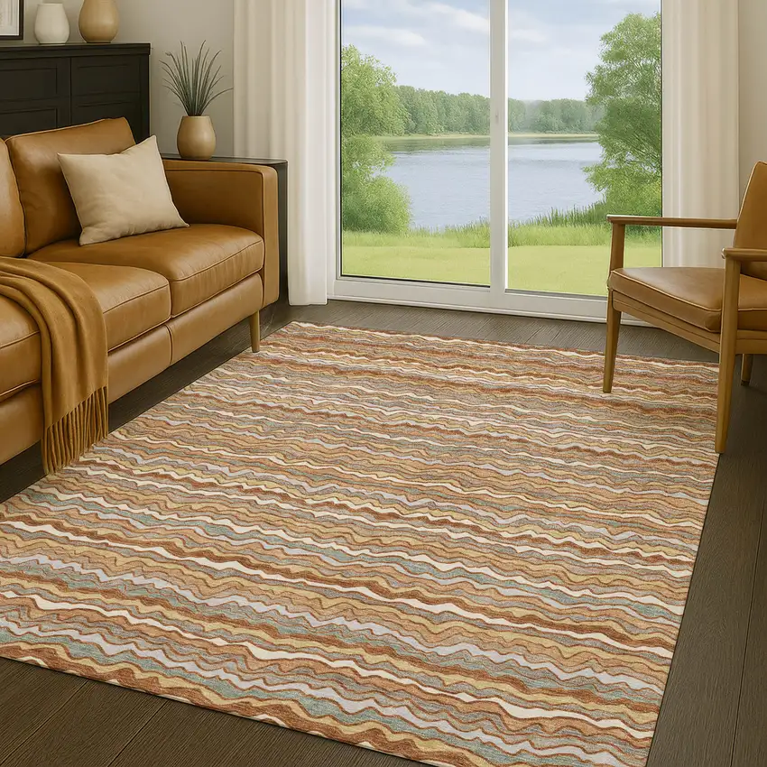 Orange And Copper Striped Washable Indoor Outdoor Area Rug Photo 5
