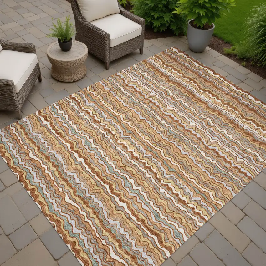 Orange And Copper Striped Washable Indoor Outdoor Area Rug Photo 7