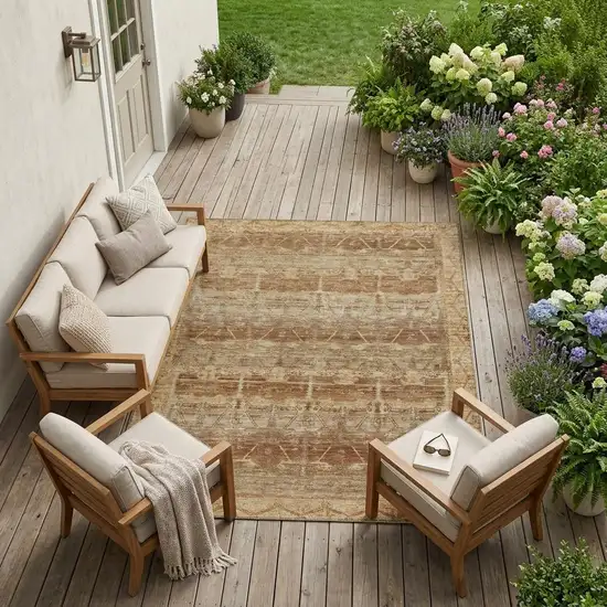 Orange And Copper Tribal Washable Indoor Outdoor Area Rug Photo 1