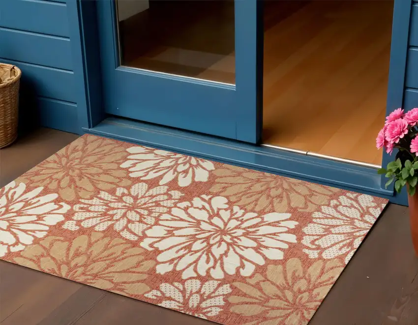 Orange And Cream Floral Indoor Outdoor Area Rug Photo 1