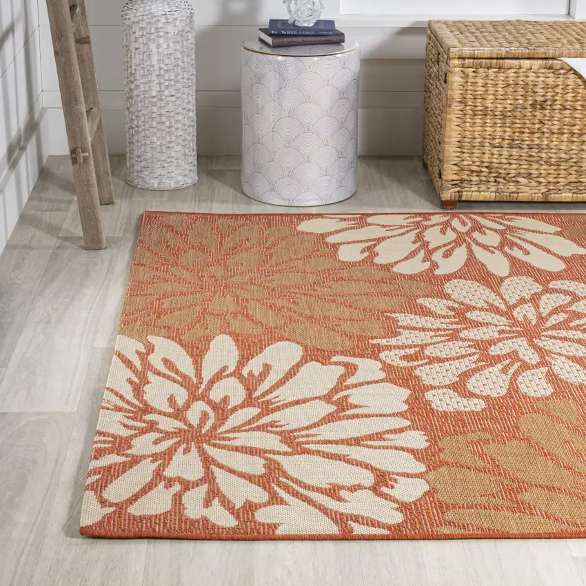 Orange And Cream Floral Indoor Outdoor Area Rug Photo 6