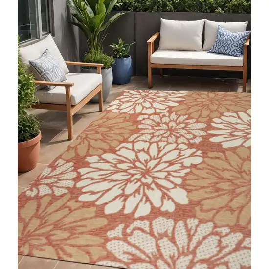 Orange And Cream Floral Indoor Outdoor Area Rug Photo 1