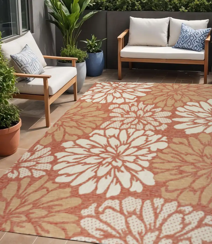 Orange And Cream Floral Indoor Outdoor Area Rug Photo 1