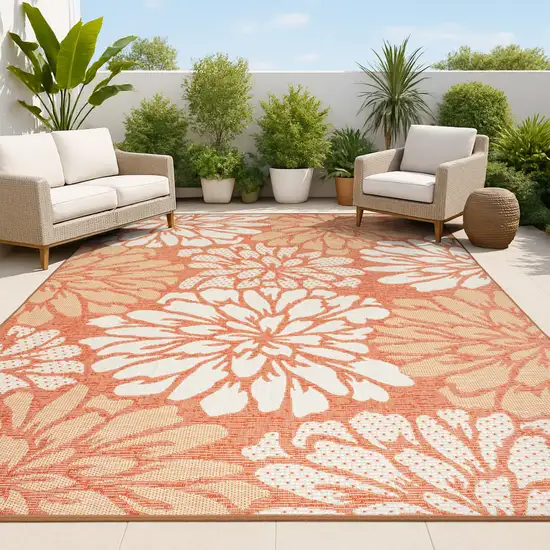 Orange And Cream Floral Indoor Outdoor Area Rug Photo 4