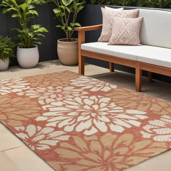 Orange And Cream Floral Indoor Outdoor Area Rug Photo 1