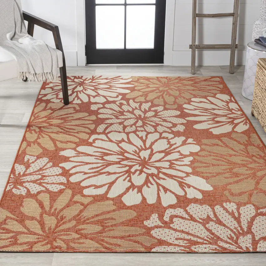 Orange And Cream Floral Indoor Outdoor Area Rug Photo 7