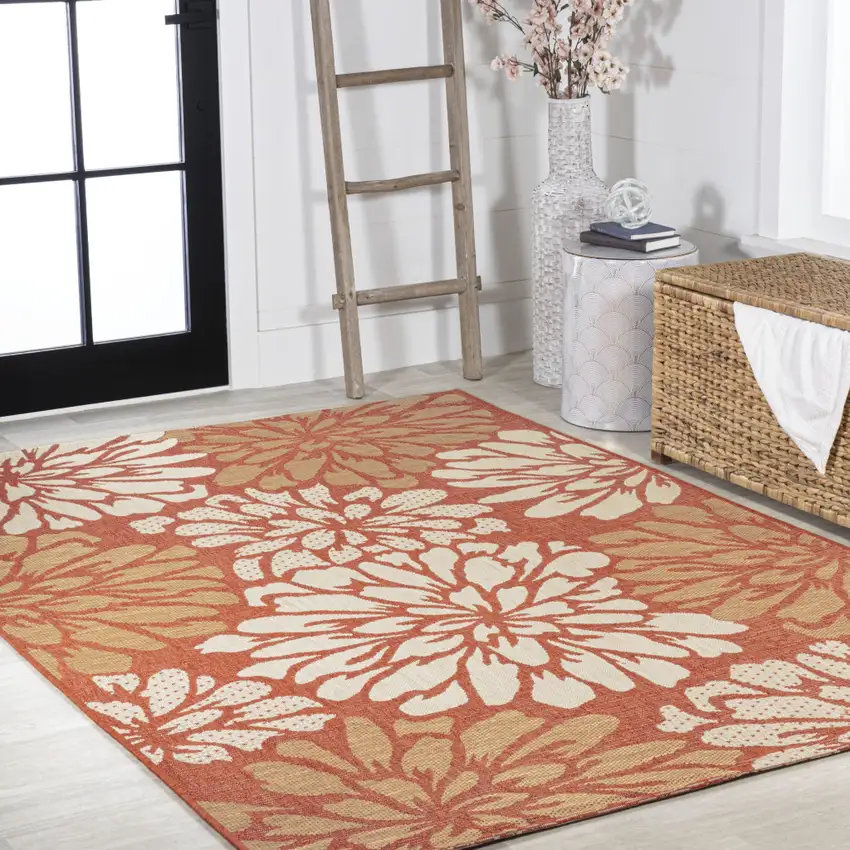 Orange And Cream Floral Indoor Outdoor Area Rug Photo 8