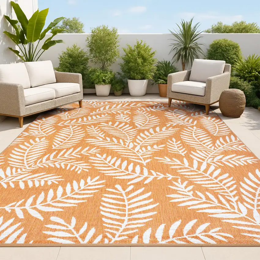 Orange And Cream Floral Indoor Outdoor Area Rug Photo 4