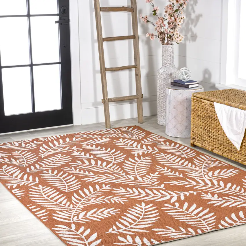 Orange And Cream Floral Indoor Outdoor Area Rug Photo 8