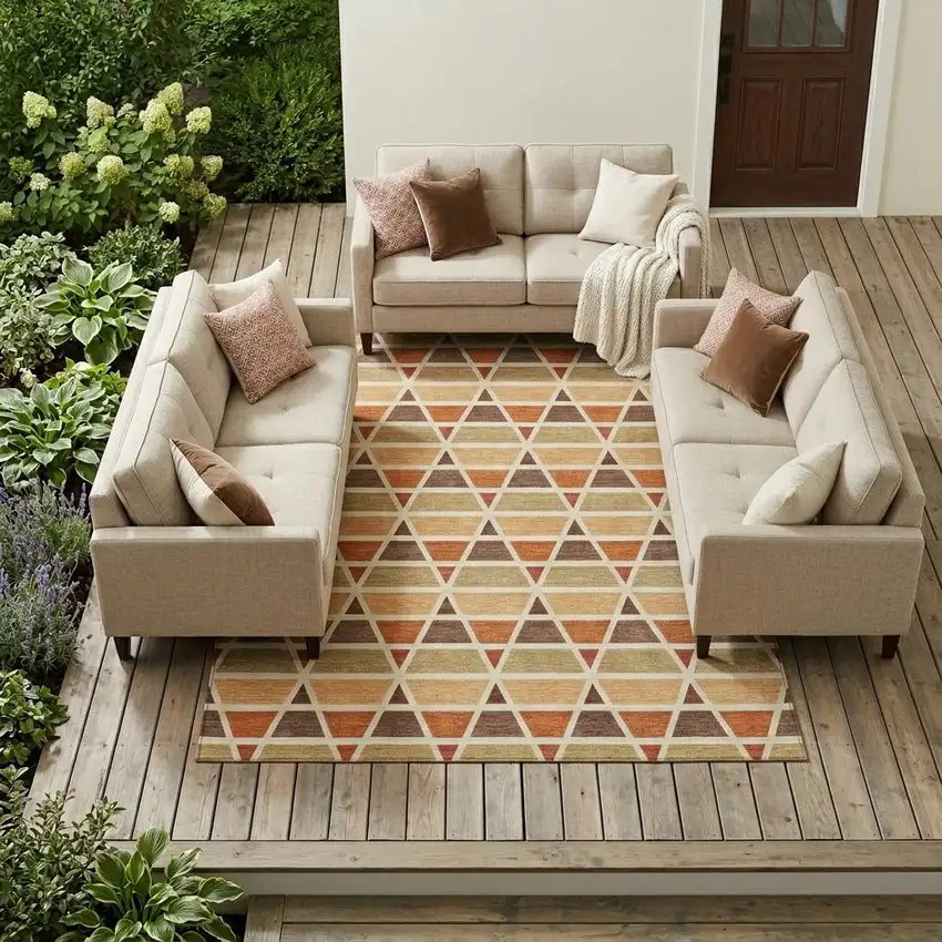 Orange And Cream Geometric Washable Indoor Outdoor Area Rug Photo 1
