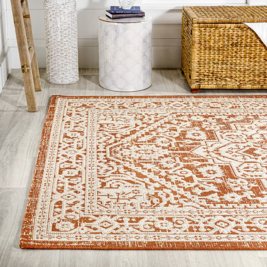 Orange And Cream Medallion Indoor Outdoor Area Rug Photo 6