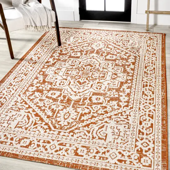 Orange And Cream Medallion Indoor Outdoor Area Rug Photo 5