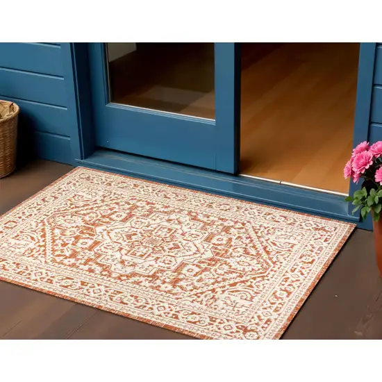 Orange And Cream Medallion Indoor Outdoor Area Rug Photo 1