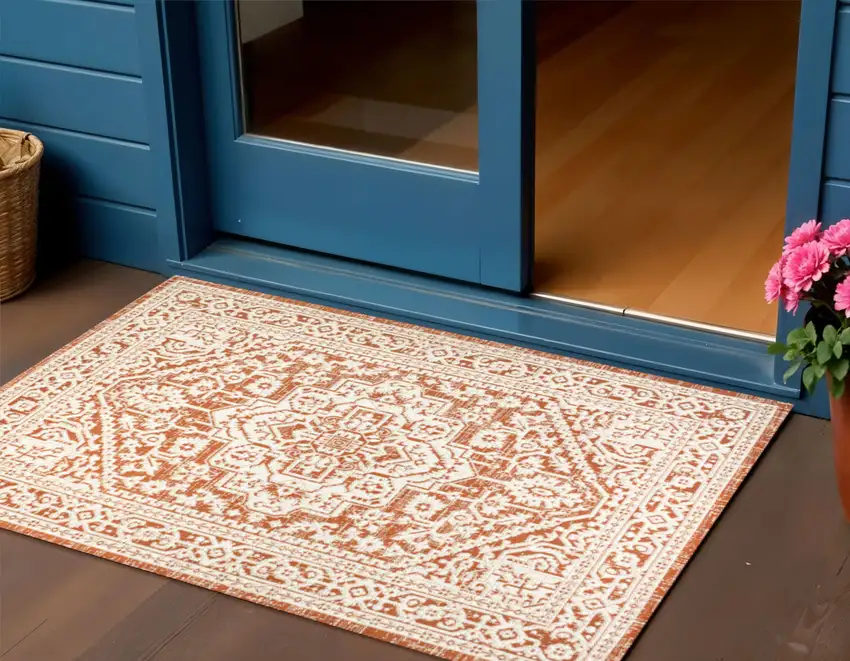 Orange And Cream Medallion Indoor Outdoor Area Rug Photo 1