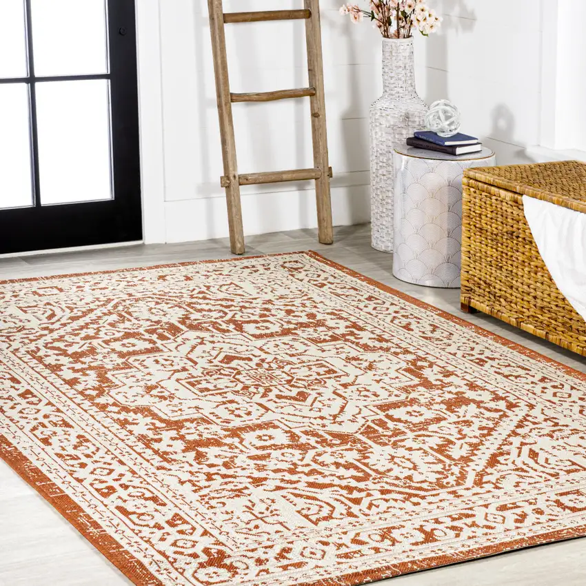 Orange And Cream Medallion Indoor Outdoor Area Rug Photo 8
