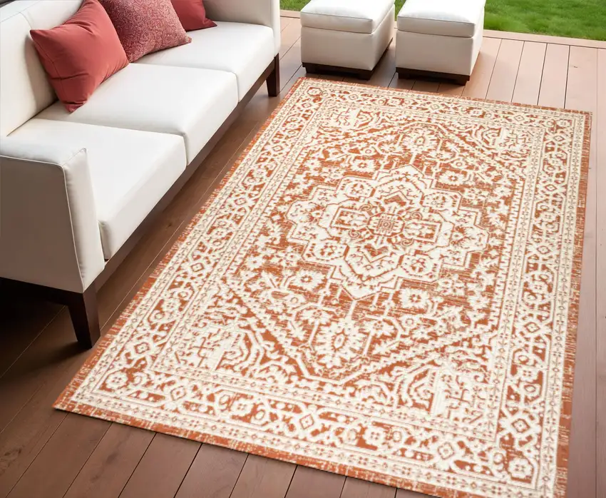 Orange And Cream Medallion Indoor Outdoor Area Rug Photo 1
