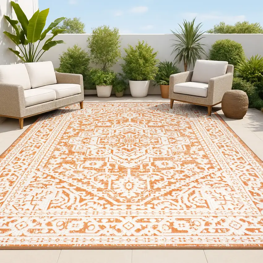 Orange And Cream Medallion Indoor Outdoor Area Rug Photo 4