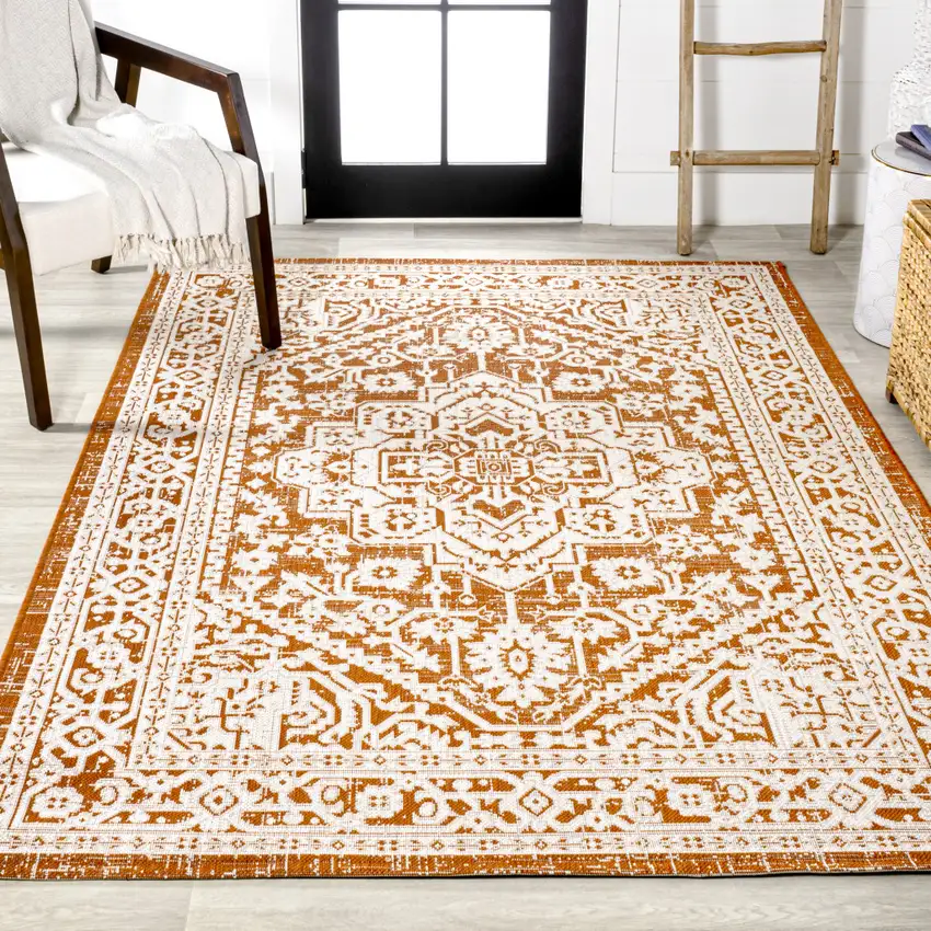 Orange And Cream Medallion Indoor Outdoor Area Rug Photo 7