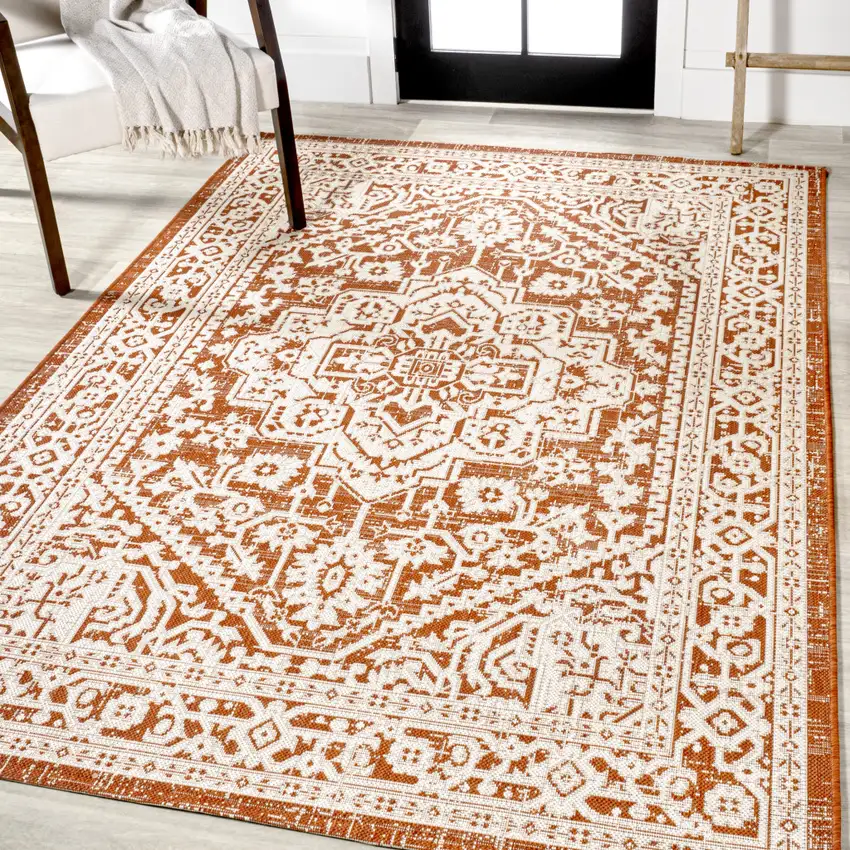 Orange And Cream Medallion Indoor Outdoor Area Rug Photo 5