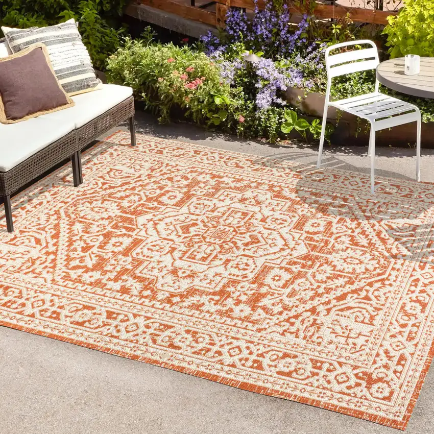 Orange And Cream Medallion Indoor Outdoor Area Rug Photo 9