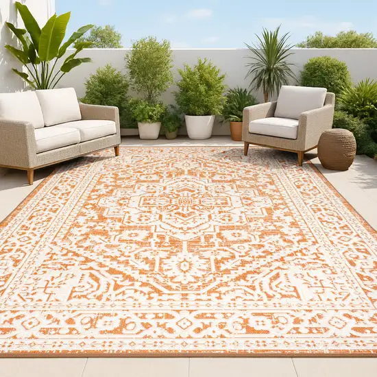 Orange And Cream Medallion Indoor Outdoor Area Rug Photo 4