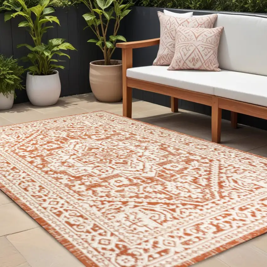 Orange And Cream Medallion Indoor Outdoor Area Rug Photo 1