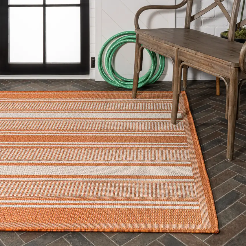 Orange And Cream Striped Indoor Outdoor Area Rug Photo 9