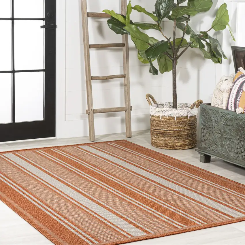 Orange And Cream Striped Indoor Outdoor Area Rug Photo 8